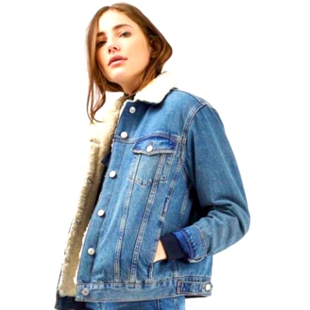 Topshop Moto Fleece Sherpa Lined Western Denim Jean Jacket - US size 6